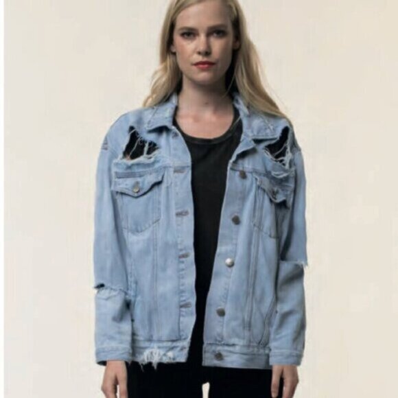 FREE PEOPLE Neon Blonde Denim Jean Jacket Oversized Light Wash Distressed XS - Picture 6 of 16